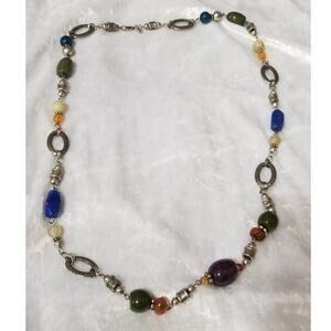 KR 32 1/2" necklace silver tone multi color beads 1.1581